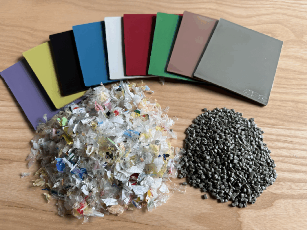 プラごみから作られた再生材とカラフルなプレート